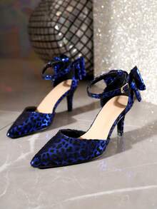 Zapatos de tacón alto con punta puntiaguda y tira de satén con lazo, color azul marino, para primavera/otoño - azul real - Ver 9