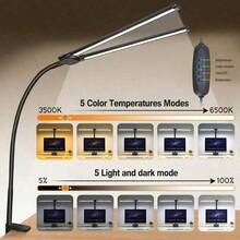 Lampe de bureau LED à double tête, col de cygne réglable, alimentée par USB, réglages de température de couleur multiples, contrôle de luminosité à plusieurs niveaux, éclairage lumineux pour la lecture, la peinture
