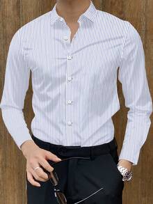 男士棉混纺牛津布竖条纹奢华休闲抗皱长袖衬衫，春秋季 - 灰色 - 查看 4