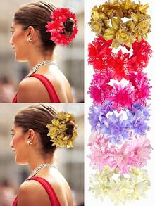 1件装女士春夏新款纯色仿布花朵发圈，适合海滩、夏威夷度假、日常佩戴、丸子头造型、节日、派对、送礼、秋季穿搭，发绳马尾辫头饰 - 彩色 - 查看 15