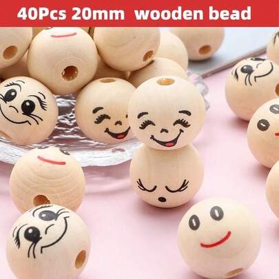 40颗5款笑脸木珠，20毫米圆形木珠，适用于DIY工艺品制作、珠宝制作和装饰