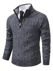 Men's Sweater Knitted Top Long-Sleeved Pullover Autumn And Winter Plus Velvet Thick Warm Sweater Zipper Half Cardigan No Hood Stand Collar Solid Color Home Clothes Casual Hiking Sports Wear - 深灰色 - 查看 8