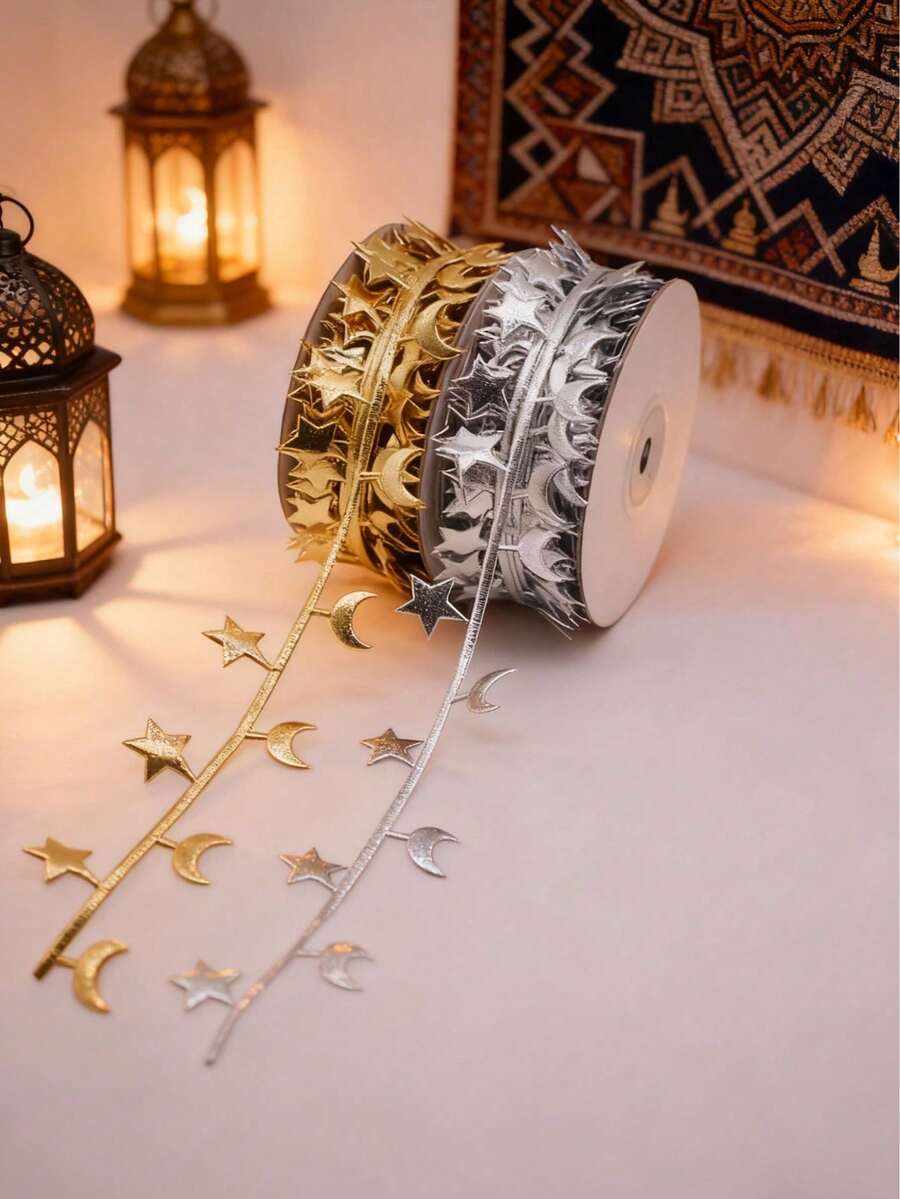 10m Islamic Star & Moon Pattern Ribbon For Ramadan & Eid - Durable Satin Organza Decorative Ribbon, Reusable & Easy To Cut For Gift Wrapping, Party Decor, Craft Projects | Festive Home Decorations Supplies - Multicolor - View 1