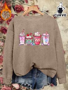 Valentine's Day Printed Pattern Drink Cup, Women Plus Size Casual Faux Fur Sweatshirt, Warm, Suitable For Autumn/Winter, Outdoor Wear, Chinese New Year, Valentine's Day Gift