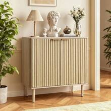 Coffee Bar Cabinet, Mid Century Fluted Coffee Bar Table With 2-Tier Storage, Buffet Stand Cabinet With 2 Barn Door, Sideboard Buffet Station For Living Room, Entryway, 31.5 X 14.7 X 31.5 In, Oak - 橡木 - 查看 9