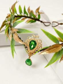 1pc Plastic Nature-Inspired Green Leaf & Gem Headband, Adjustable Elf Headpiece, Cosplay Forest Flower Crown Hair Accessory, Bride To Be, Tiara - Gold - View 7