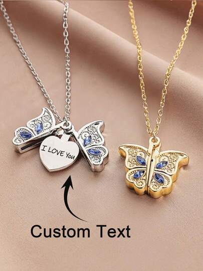 Personligt anpassat kärleksfjärilshalsband för kvinnor, kan öppnas med diamantinfällt fjärilshjärtahänge, accessoartröjakedja, personlig snidad namntext blå zirkonia fjärilshänge, alla hjärtans dag, födelsedagspresent, unik present till flickvänner, mammor, vänner