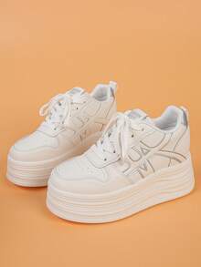 Baskets compensées pour femmes, chaussures de loisirs confortables à lacets, à bout rond, style casual extérieur, blocs de couleurs, mode polyvalente et rehaussante - Blanc - Voir 6