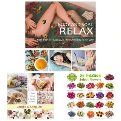 Latest 21 Pack Dried Flowers Candle Making, Natural Dried Herbs Kit Soap Making, Bath, Resin Jewelry Making, Bulk Dried Flowers Include Lavender, Petals, Rosebuds, Leaves, Lemon.