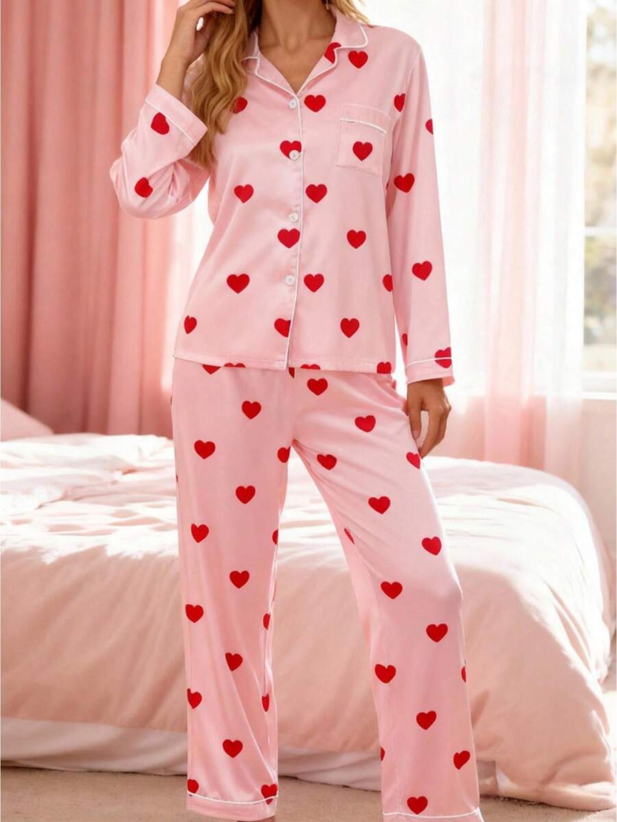 Mommy And Me Matching Pajamas Long Sleeve Lapel Dot/Heart Print Button Up Tops And Pants Set - Pink - View 1