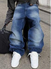 男士时尚复古水洗宽松直筒阔腿牛仔裤 - 藍色 - 查看 5