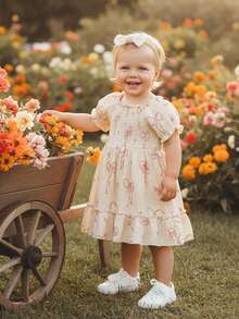 Vestido con estampado de lazo para niña pequeña: manga corta con volantes y diadema con lazo para uso informal de verano para fiestas o fotos. - Caqui - Ver 3