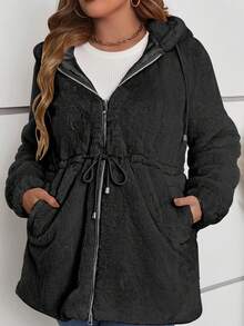 Plus Size Women Faux Fur Jacket, Fuzzy Felt Hat, Cinched Waist, With Pockets, Suitable For Autumn & Winter - Black - View 7