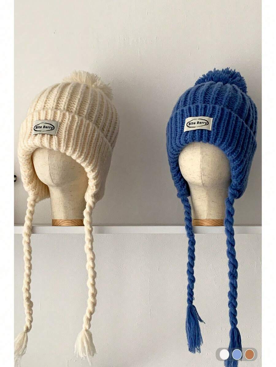 1pc Mixed Color Retro Textured Pom-Pom Earflap Knitted Fisherman Beanie Hat, Autumn/Winter Knitted Cap With Tie For Women, Thick Warm Knit Pom Pom Ski Hat - Fabric Label Pom-pom Knitted Hat - View 1