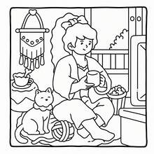 1本48页简易快乐涂色书 - 成人减压系列第二册（21厘米 x 21厘米），温馨插图描绘女孩拥抱猫咪、饮用热饮的场景，轻松涂色缓解焦虑，适合日常放松和学生绘画，可作为文具和学习用品，是送给女孩、婚礼季和母亲节的完美礼物。 - 簡單快樂2 - 查看 5