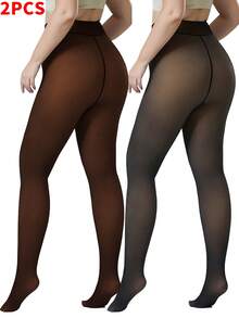 2 Piece Of Women's 200g Wool Lined Tights, Warm Pantyhose, Imitation Translucent Tights, Warm Transparent Thick Leggings, Suitable For Daily Wear At Home, Office, Etc. In Winter With A Temperature Of 15~0℃ - 黑色+焦糖色 - 查看 9
