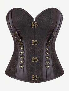 哥特式无肩带蒸汽朋克束身胸衣，深棕色纹理腰带，饰有复古金属扣，复古修身胸衣 - 棕色 - 查看 1