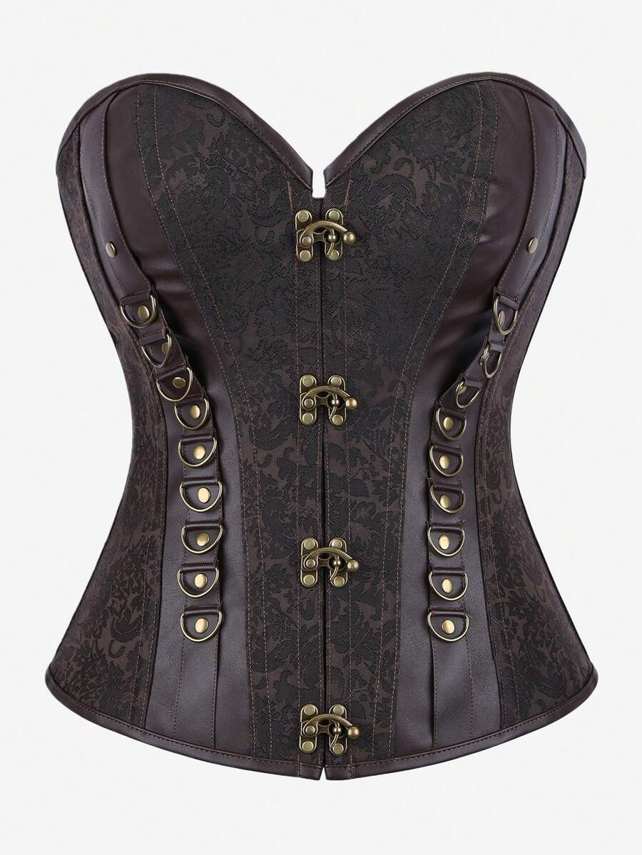 哥特式无肩带蒸汽朋克束身胸衣，深棕色纹理腰带，饰有复古金属扣，复古修身胸衣 - 棕色 - 查看 1