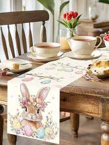 1件装春季复活节兔子桌旗，可爱兔子、彩蛋和花环图案桌布，季节性春季厨房餐桌装饰，节日派对户外装饰，复活节家居装饰，农舍风格礼物，13x70英寸
