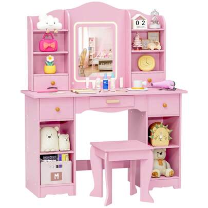 Toeletta per bambini con sgabello, tavolo da toeletta per bambini, scrivania, toeletta in legno da principessa con illuminazione a LED, specchio e cassetti