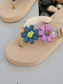 Sandalias de mujer con decoración de margaritas, sandalias planas de rayas de colores, zapatos de suela de cuerda para playa y vacaciones de verano, esencial casual de viaje - Neblina azul - Ver 7