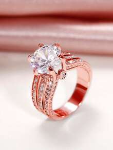 1枚时尚立方氧化锆戒指，女士结婚/订婚首饰，情人节礼物 - 玫瑰金 - 查看 14