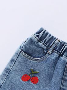 女童牛仔長褲新品 水洗藍休閒甜美可愛刺繡圖案 舒適彈性腰寬版工裝牛仔褲 適合日常出遊 - 淺色水洗藍 - 查看 7