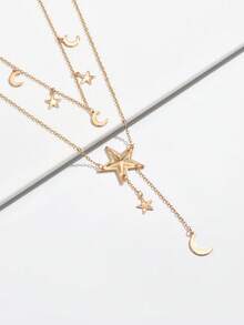 1 pieza Collar con colgante de luna creciente y estrella vintage, collar largo minimalista de varias capas, adecuado para festivales, fiestas, accesorios - Dorado - Ver 4