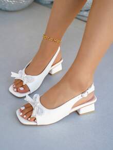 Summer Elegant Pearl & Rhinestone Bow Decor High Heel Sandals - White - View 6