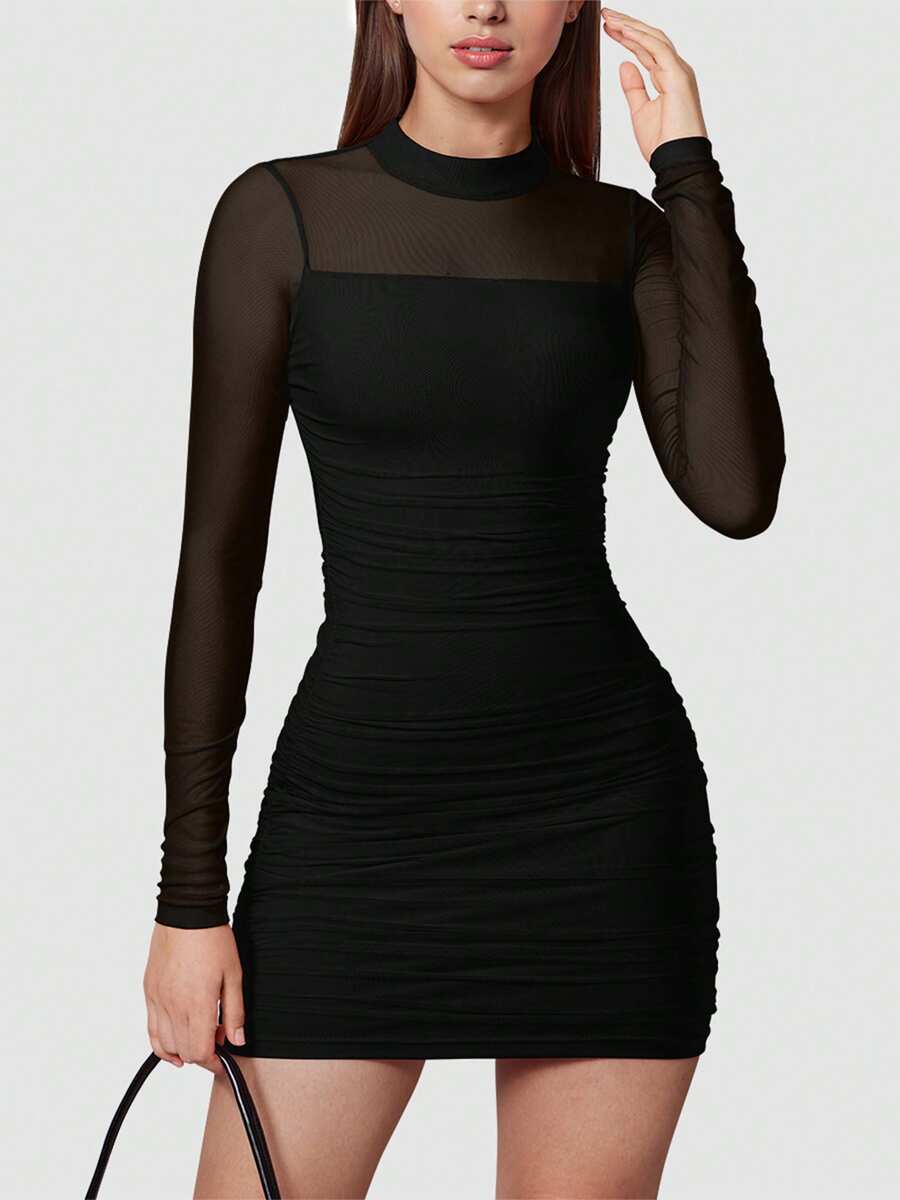 OQQ Womenswear Mini Bodycon Mesh Sheer Long Sleeve Dress Short Soft Pleated Party Basic Casual Dress Elegant Minimalist Outfit - 黑色 - 查看 1