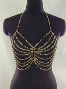 1pc Hollow Multi-Layer Punk Metal Body Chain Necklace, Exaggerated Chest Accessory