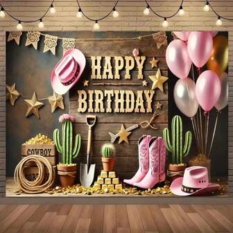 1pc Western Cowboy Themed Birthday Background, Rustic Wooden Board, Happy Birthday Photography Backdrop, Pink Cowboy Hat, Boots, Balloons, Women's Birthday Party Decor, Banner Supplies, Photo Props, No Power Required