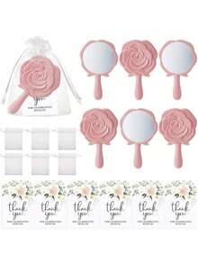 15件/30件新娘回礼套装 - 玫瑰图案塑料镜子、感谢卡和欧根纱袋 - 非常适合作为婚礼回礼和伴娘礼物