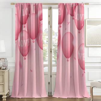 2pcs 2D Pink Tone Heart Balloon LOVE Element Cute & Energetic Curtain Design, Polyester Material, Suitable For Rental House, Living Room, Kitchen, Bedroom, Removable & Washable Curtain For Small Windows