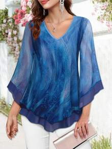 CheersLife 女士优雅V领双层弹力网纱休闲飘逸工作衬衫，带荷叶边和七分喇叭袖 - 水鴨藍 - 查看 1