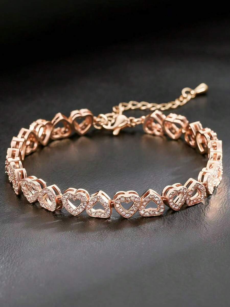 1 chiếc vòng tay hình trái tim đính đá Cubic Zirconia sang trọng có thể điều chỉnh, món quà lấp lánh thanh lịch tối giản dành cho cô dâu - Hoa hồng vàng - Xem 1