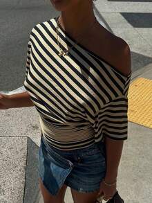 New Stylish Elegant Striped Oblique Neck Short Sleeve T-Shirt With Waist Ruching, Suitable For Casual, Beach, School, Vacation, Street - Black Apricot - View 4