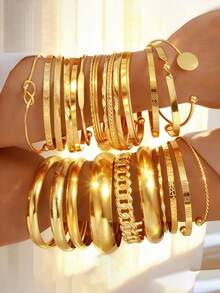 25 Peças Conjunto de Pulseiras Vintage Elegantes, Estilo Moeda Antiga, Dourado Impresso, Espiral Torcido, Assimétrico, Oco, Trançado, Textura Martelada, Aberto, Ajustável, Grosso, Maciço, Liso, Joias Y2K, Adequado para Uso Diário, Festa, Presente para Mulheres - Ouro amarelo - Visão 10