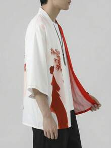 男女皆宜的宽松日式休闲开衫和服外套 - 亚洲风情设计，轻盈百搭的单层设计，聚酯纤维面料 - 紅色 - 查看 2