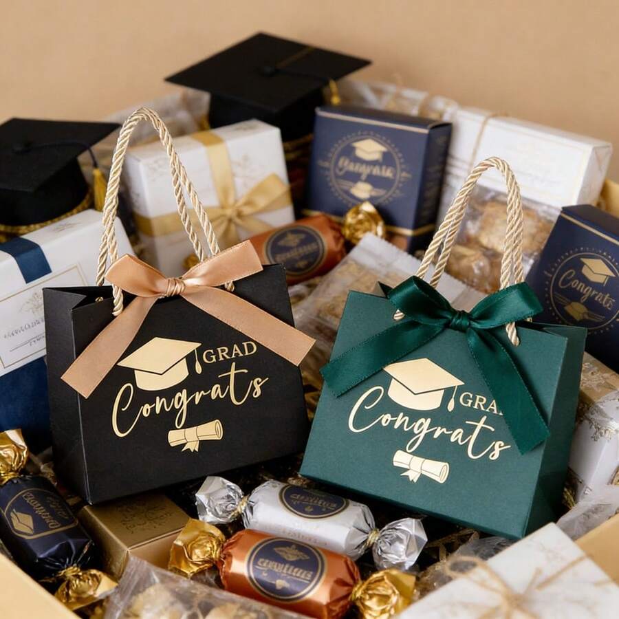 2/10/30个装毕业帽印花礼品袋，带编织绳提手，5.6 x 2.4 x 4.7 英寸迷你烫金印花礼品袋，带蝴蝶结丝带，毕业派对回礼袋，派对礼品盒（绿色、酒红色、黑色） - 彩色 - 查看 1