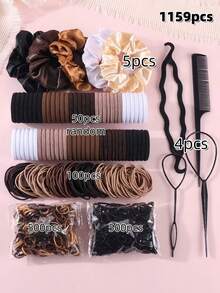 1159pcs Daily Versatile Fashion Hair Accessories Kit: Includes Satin Scrunchies For Elegant And Casual Styles, Multi-Color Hair Ties, And Practical Styling Tools Such As A Comb. Suitable For Girls And Women, Meeting Daily Styling Needs. Easy To Create Simple Ponytails, Neat Buns, Or Creative Hairstyles. Practical And Useful, Ideal As School Supplies, Gifts, Hair Scrunchies, Hair Ties, And Hair Bands For Girls And Women. - Multicolor - View 6
