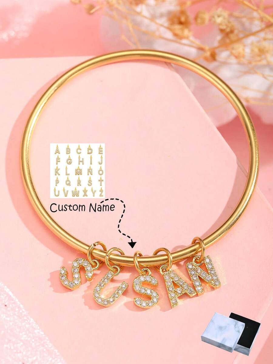 1pc Personalized A-Z Letter Stainless Steel Gold Polished Bangle Bracelet, Elegant Gift Box For Women, Girlfriend, Mother, Wedding