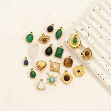 1件不锈钢18K镀金复古水滴形、方形、太阳形、绿松石形、虎眼石形等吊坠，手工DIY手链项链饰品配件，日常佩戴