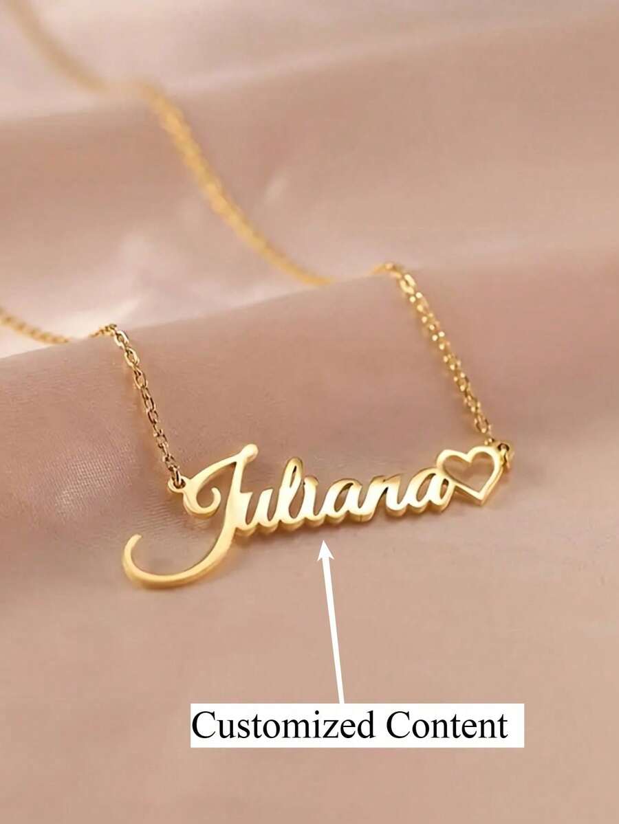 [Customized Necklace] Personalized Name Necklace - Stainless Steel Heart Pendant In Cursive Font, Valentine's Day Gift, Everyday Party Wear, Annual Accessory, Elegant Font Design, Refined Chain, Charming And Graceful Ornament - Multicolor - View 1
