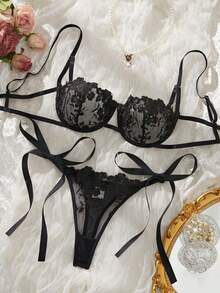 Shipping From The USA Sky Blue Embroidered Strap Women's Underwear Set - màu đen - Xem 2