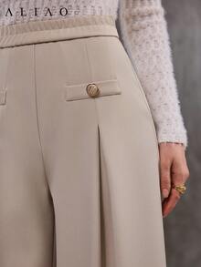 A&A 纽扣装饰纯色阔腿喇叭裤，适合派对、婚礼、浪漫假日风格、秋季女装 - 杏色 - 查看 2