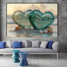 [2D Flat Canvas Wall Art] Bathroom Art Wall Decor 1Pc Framed Ready To Hang 2D Flat Bubble-Accented Teal Heart Canvas Wall Art, Prints, Posters, Mural, Wall Decor, Room Decor Aesthetic, Wrapped Framed Canvas Print, Home Decor, Living Room Office Decor, Canvas Artwork For Playful Spaces, Easy Hang, Suitable For Adults Who Prefer Whimsical Nature & Heart Designs, Perfect For Living Room, Bathroom, Office Decor Canvas Wrapped Inner Frame() - 白色 - 查看 3