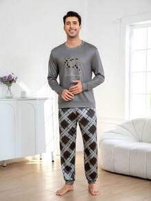 Men's Printed Crew Neck Long Sleeve Casual Comfortable Pajama Set, Spring/Autumn - Multicolor - View 3