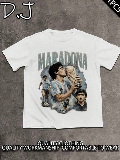 Maradona World Cup Tribute Men's Retro 220g Cotton T-Shirt Y2K Shirt, T-Shirt, Christian Clothes ,Gothic Pun