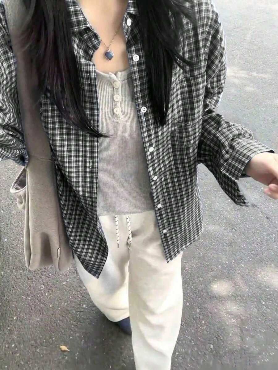 春季新品！女士蓝色格子衬衫，宽松休闲外套式长袖上衣，黑色